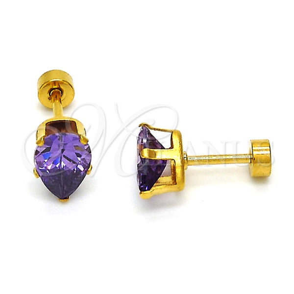 Arete Dormilona 02.271.0023 Acero Inoxidable, Diseño de Gota, con Amatista Zirconia Cubica, Pulido, Tono Dorado