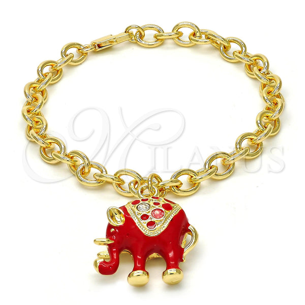 Pulsera de Dije 03.179.0001.1.07 Oro Laminado, Diseño de Elefante y Rolo, con Blanca Cristal, Esmaltado Rojo, Tono Dorado (06 MM Thickness, 7 Inches Length)