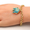 Pulsera de Dije 03.179.0001.2.07 Oro Laminado, Diseño de Elefante y Rolo, con Blanca Cristal, Esmaltado Turquesa, Tono Dorado (06 MM Thickness, 7 Inches Length)