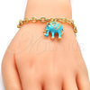 Pulsera de Dije 03.179.0001.2.07 Oro Laminado, Diseño de Elefante y Rolo, con Blanca Cristal, Esmaltado Turquesa, Tono Dorado (06 MM Thickness, 7 Inches Length)