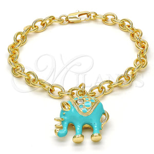 Pulsera de Dije 03.179.0001.2.07 Oro Laminado, Diseño de Elefante y Rolo, con Blanca Cristal, Esmaltado Turquesa, Tono Dorado (06 MM Thickness, 7 Inches Length)