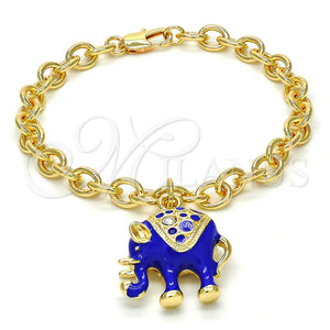 Pulsera de Dije 03.179.0001.3.07 Oro Laminado, Diseño de Elefante y Rolo, con Blanca Cristal, Esmaltado Azul, Tono Dorado (06 MM Thickness, 7 Inches Length)