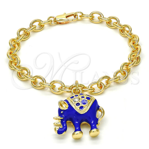 Pulsera de Dije 03.179.0001.3.07 Oro Laminado, Diseño de Elefante y Rolo, con Blanca Cristal, Esmaltado Azul, Tono Dorado (06 MM Thickness, 7 Inches Length)