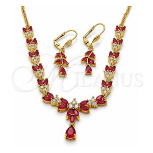 Collar y Dije 06.221.0004 Oro Laminado, Diseño de Gota y Oja, con Zirconia Cubica Rubi y Blanca, Pulido, Tono Dorado