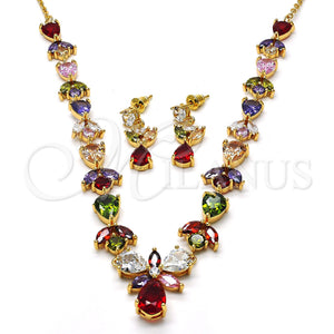 Collar y Dije 06.205.0001 Oro Laminado, Diseño de Gota y Oja, con Multicolor Zirconia Cubica, Pulido, Tono Dorado