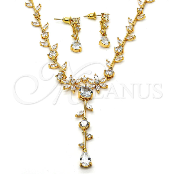 Collar y Dije 06.205.0002 Oro Laminado, Diseño de Flor y Oja, con Blanca Zirconia Cubica, Pulido, Tono Dorado