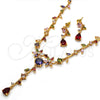 Collar y Dije 06.205.0002.1 Oro Laminado, Diseño de Flor y Oja, con Multicolor Zirconia Cubica, Pulido, Tono Dorado