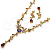 Collar y Dije 06.205.0002.1 Oro Laminado, Diseño de Flor y Oja, con Multicolor Zirconia Cubica, Pulido, Tono Dorado