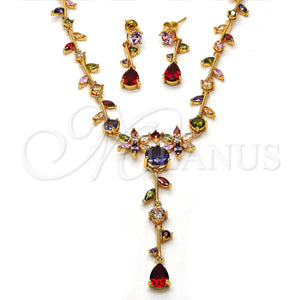 Collar y Dije 06.205.0002.1 Oro Laminado, Diseño de Flor y Oja, con Multicolor Zirconia Cubica, Pulido, Tono Dorado