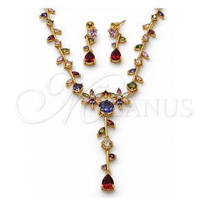 Collar y Dije 06.205.0002.1 Oro Laminado, Diseño de Flor y Oja, con Zirconia Cubica Multicolor, Pulido, Tono Dorado