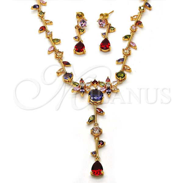 Collar y Dije 06.205.0002.1 Oro Laminado, Diseño de Flor y Oja, con Multicolor Zirconia Cubica, Pulido, Tono Dorado