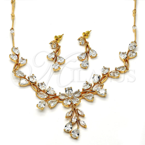 Collar y Dije 06.205.0004 Oro Laminado, Diseño de Flor y Oja, con Blanca Zirconia Cubica, Pulido, Tono Dorado
