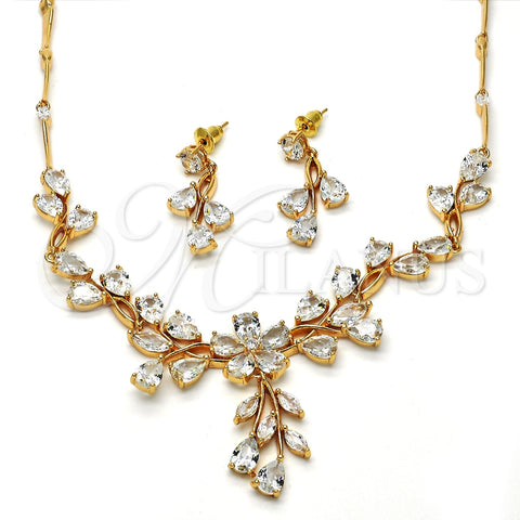 Collar y Dije 06.205.0004 Oro Laminado, Diseño de Flor y Oja, con Blanca Zirconia Cubica, Pulido, Tono Dorado