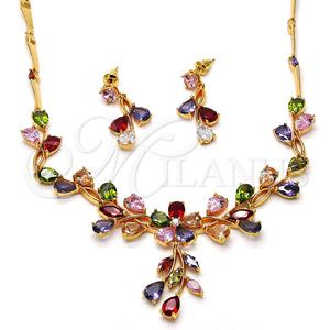 Collar y Dije 06.205.0004.1 Oro Laminado, Diseño de Flor y Oja, con Multicolor Zirconia Cubica, Pulido, Tono Dorado