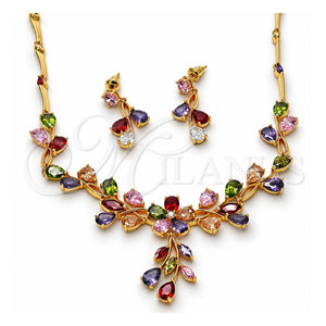 Collar y Dije 06.205.0004.1 Oro Laminado, Diseño de Flor y Oja, con Zirconia Cubica Multicolor, Pulido, Tono Dorado