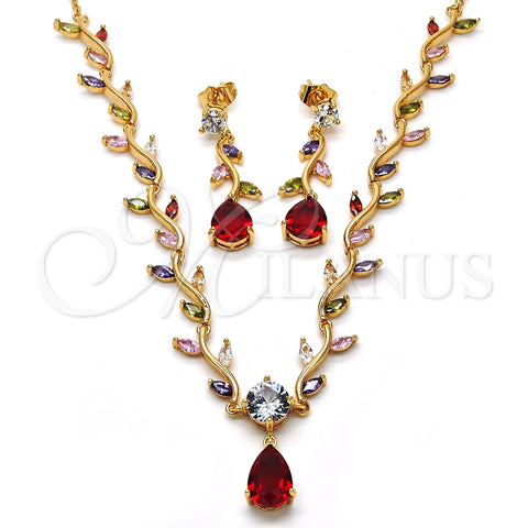 Collar y Dije 06.205.0006.1 Oro Laminado, Diseño de Gota y Oja, con Multicolor Zirconia Cubica, Pulido, Tono Dorado