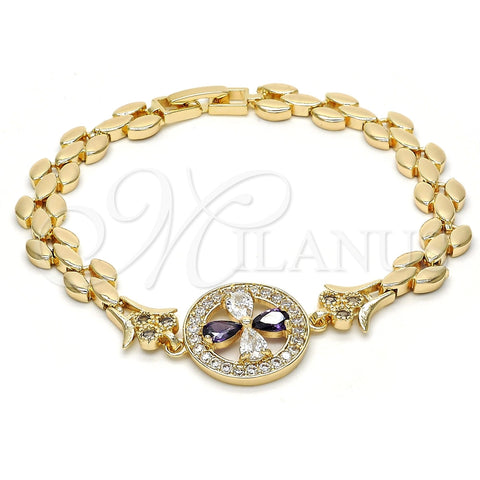 Pulsera Elegante 03.210.0044.2.08 Oro Laminado, Diseño de Flor, con Amatista and Blanca Zirconia Cubica, Pulido, Tono Dorado (8 Inches Length)