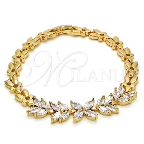 Pulsera Elegante 03.287.0021.07 Oro Laminado, Diseño de Flor y Oja, con Blanca Zirconia Cubica, Pulido, Tono Dorado (07 MM Thickness, 7 Inches Length)