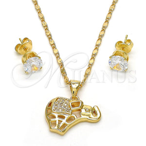 Juego de Arete y Dije de Adulto 10.233.0016 Oro Laminado, Diseño de Elefante, con Blanca Micro Pave, Pulido, Tono Dorado