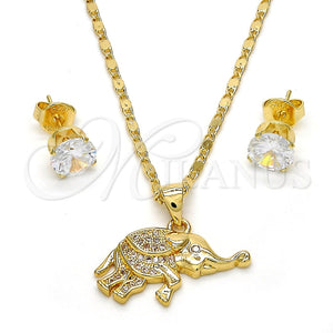 Juego de Arete y Dije de Adulto 10.233.0022 Oro Laminado, Diseño de Elefante, con Blanca Micro Pave, Pulido, Tono Dorado