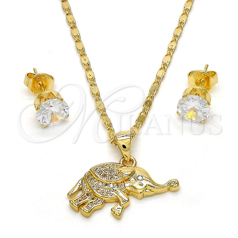 Juego de Arete y Dije de Adulto 10.233.0022 Oro Laminado, Diseño de Elefante, con Blanca Micro Pave, Pulido, Tono Dorado