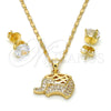 Juego de Arete y Dije de Adulto 10.233.0024 Oro Laminado, Diseño de Elefante, con Blanca Micro Pave, Pulido, Tono Dorado