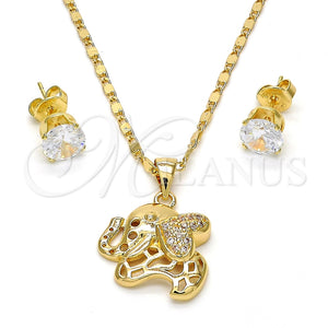 Juego de Arete y Dije de Adulto 10.233.0026 Oro Laminado, Diseño de Elefante, con Blanca Micro Pave, Pulido, Tono Dorado