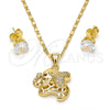 Juego de Arete y Dije de Adulto 10.233.0026 Oro Laminado, Diseño de Elefante, con Blanca Micro Pave, Pulido, Tono Dorado