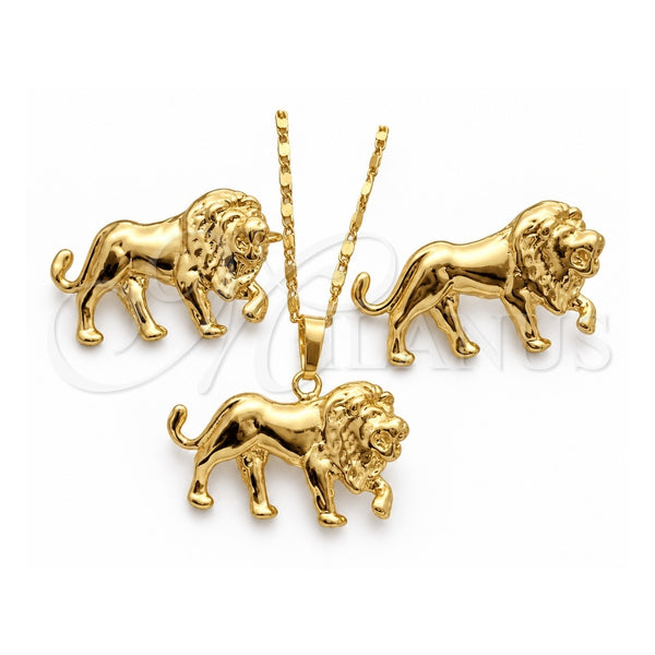 Juego de Arete y Dije de Adulto 10.185.0003 Oro Laminado, Diseño de Leon, Pulido, Tono Dorado