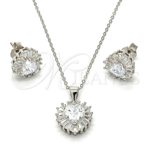 Juego de Arete y Dije de Adulto 10.286.0025.3 Plata Rodinada, Diseño de Corazón, con Zirconia Cubica Blanca, Pulido, Rodinado