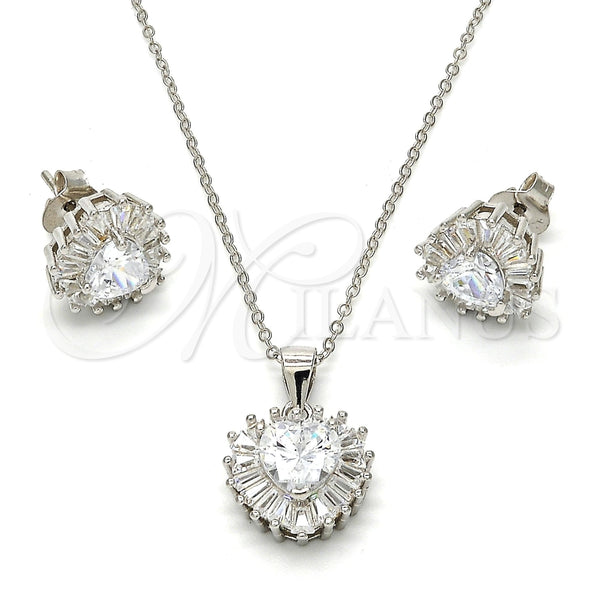 Juego de Arete y Dije de Adulto 10.286.0025.3 Plata Rodinada, Diseño de Corazón, con Zirconia Cubica Blanca, Pulido, Rodinado