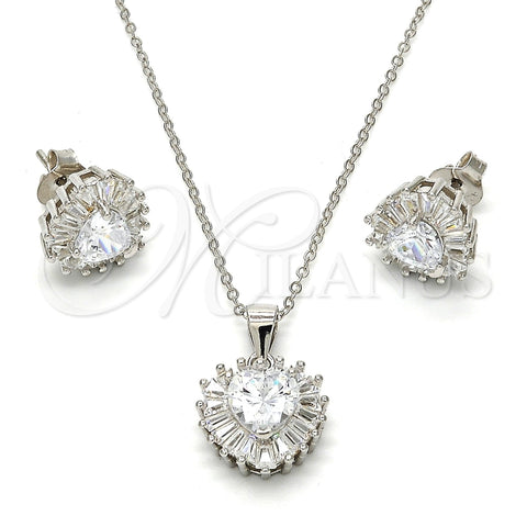 Juego de Arete y Dije de Adulto 10.286.0025.3 Plata Rodinada, Diseño de Corazón, con Zirconia Cubica Blanca, Pulido, Rodinado