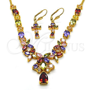 Collar y Dije 06.221.0008.1 Oro Laminado, Diseño de Flor y Gota, con Multicolor Zirconia Cubica, Pulido, Tono Dorado