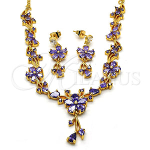 Collar y Dije 06.221.0016.1 Oro Laminado, Diseño de Flor y Gota, con Amatista Zirconia Cubica, Pulido, Tono Dorado
