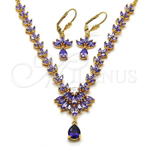 Collar y Dije 06.236.0003.1 Oro Laminado, Diseño de Gota y Oja, con Amatista and Blanca Zirconia Cubica, Pulido, Tono Dorado