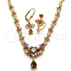 Collar y Dije 06.236.0002.1 Oro Laminado, Diseño de Gota y Oja, con Multicolor Zirconia Cubica, Pulido, Tono Dorado
