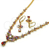 Collar y Dije 06.236.0002.1 Oro Laminado, Diseño de Gota y Oja, con Multicolor Zirconia Cubica, Pulido, Tono Dorado
