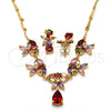 Collar y Dije 06.205.0003.1 Oro Laminado, Diseño de Flor y Gota, con Multicolor Zirconia Cubica, Pulido, Tono Dorado