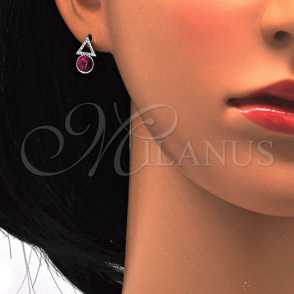 Arete Dormilona 02.26.0047 Rodio Laminado, con Swarovski Elements Blanca y Fuchsia, Pulido, Rodinado