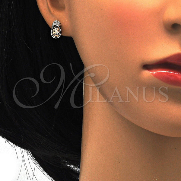 Arete Dormilona 02.26.0049 Rodio Laminado, Diseño de Corazón y Gota, con Micro Pave Blanca y Swarovski Elements Rose Patina, Pulido, Rodinado
