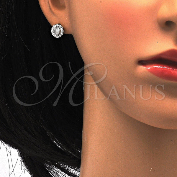 Arete Dormilona 02.175.0052 Plata Rodinada, Diseño de Flor, con Micro Pave Blanca, Pulido, Rodinado