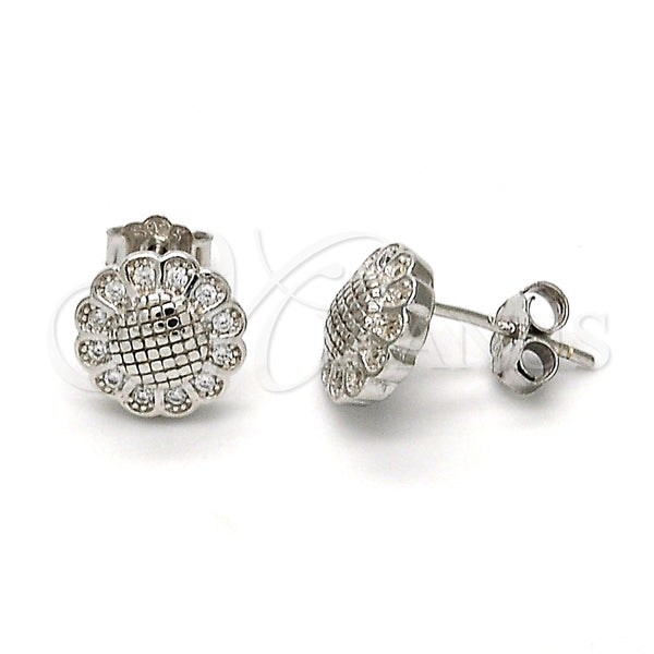 Arete Dormilona 02.175.0052 Plata Rodinada, Diseño de Flor, con Micro Pave Blanca, Pulido, Rodinado