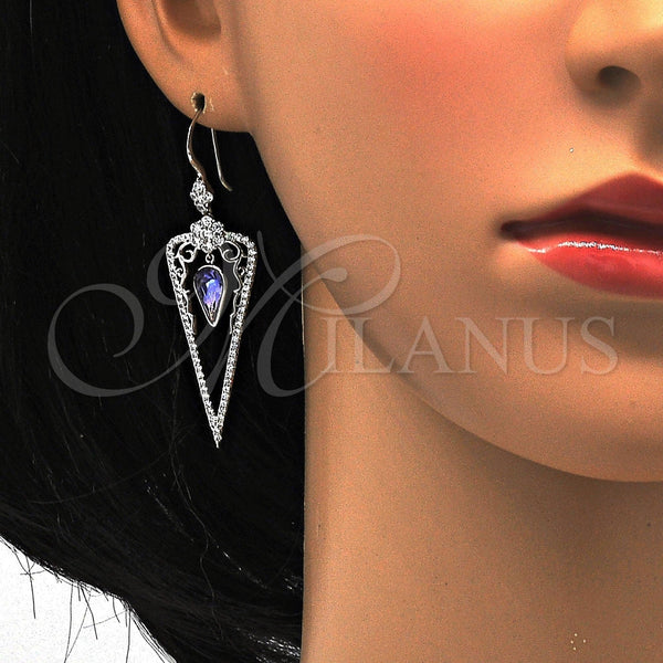 Arete Largo 02.26.0155 Rodio Laminado, Diseño de Gota y Flor, con Swarovski Elements Tanzanite y Zirconia Cubica Blanca, Pulido, Rodinado