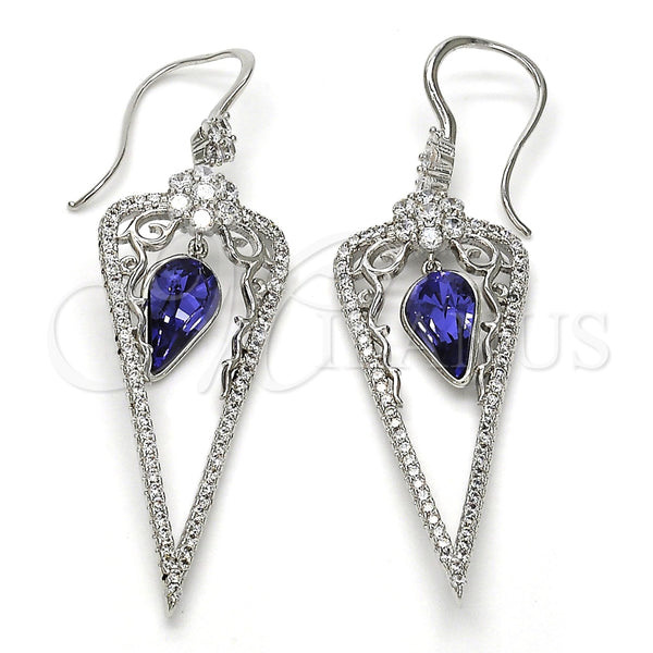 Arete Largo 02.26.0155 Rodio Laminado, Diseño de Gota y Flor, con Swarovski Elements Tanzanite y Zirconia Cubica Blanca, Pulido, Rodinado