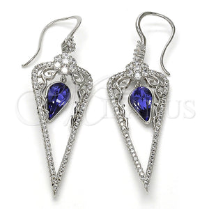 Arete Largo 02.26.0155 Rodio Laminado, Diseño de Gota y Flor, con Swarovski Elements Tanzanite y Zirconia Cubica Blanca, Pulido, Rodinado