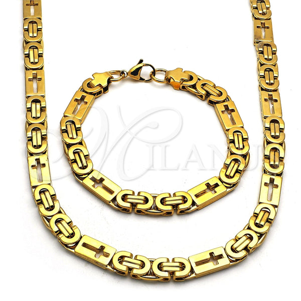 Collar y Pulsera 06.116.0005.1 Acero Inoxidable, Diseño de Cruz, Pulido, Tono Dorado