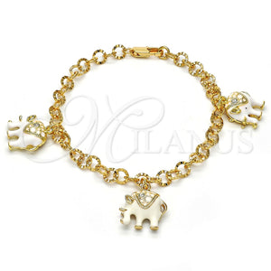 Pulsera de Dije 03.63.1797.07 Oro Laminado, Diseño de Elefante, con Blanca Cristal, Esmaltado Blanco, Tono Dorado (05 MM Thickness, 7 Inches Length)