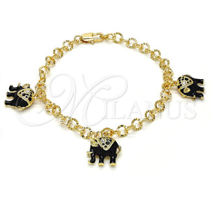 Pulsera de Dije 03.63.1797.1.07 Oro Laminado, Diseño de Elefante, con Blanca Cristal, Esmaltado Negro, Tono Dorado (05 MM Thickness, 7 Inches Length)