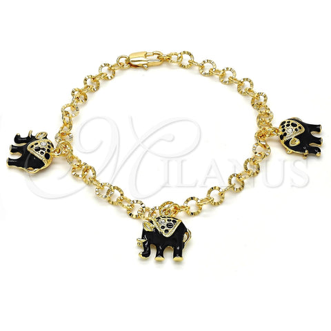 Pulsera de Dije 03.63.1797.1.07 Oro Laminado, Diseño de Elefante, con Blanca Cristal, Esmaltado Negro, Tono Dorado (05 MM Thickness, 7 Inches Length)