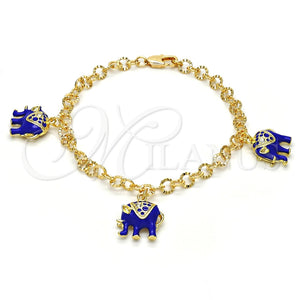 Pulsera de Dije 03.63.1797.2.07 Oro Laminado, Diseño de Elefante, con Blanca Cristal, Esmaltado Azul, Tono Dorado (05 MM Thickness, 7 Inches Length)
